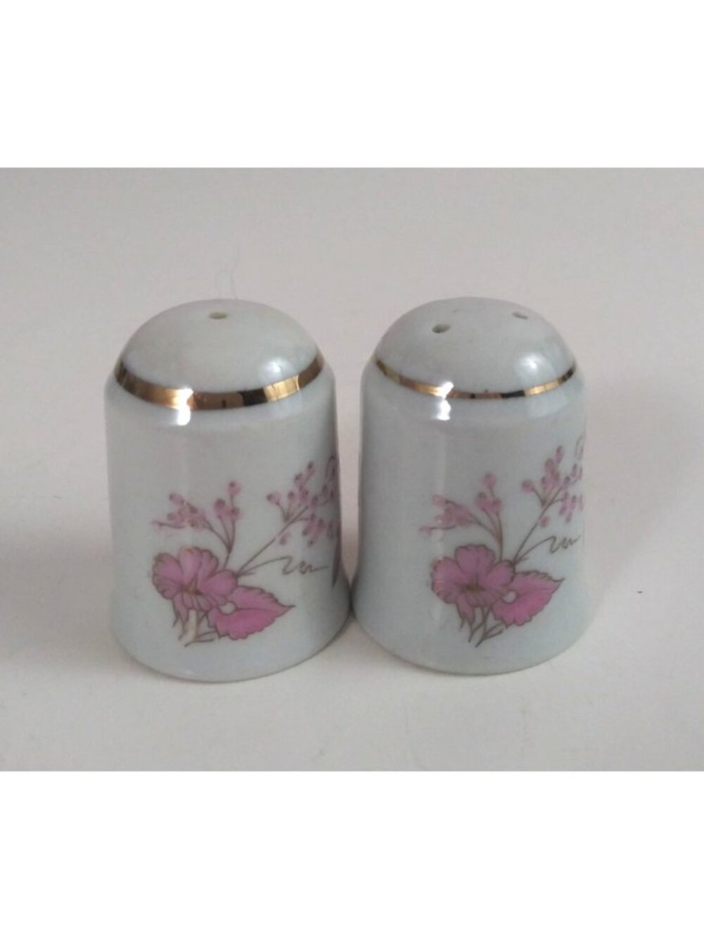 Vintage Ruetter Porcelain Pink Floral Bird Mini Salt & Pepper Shakers Germany